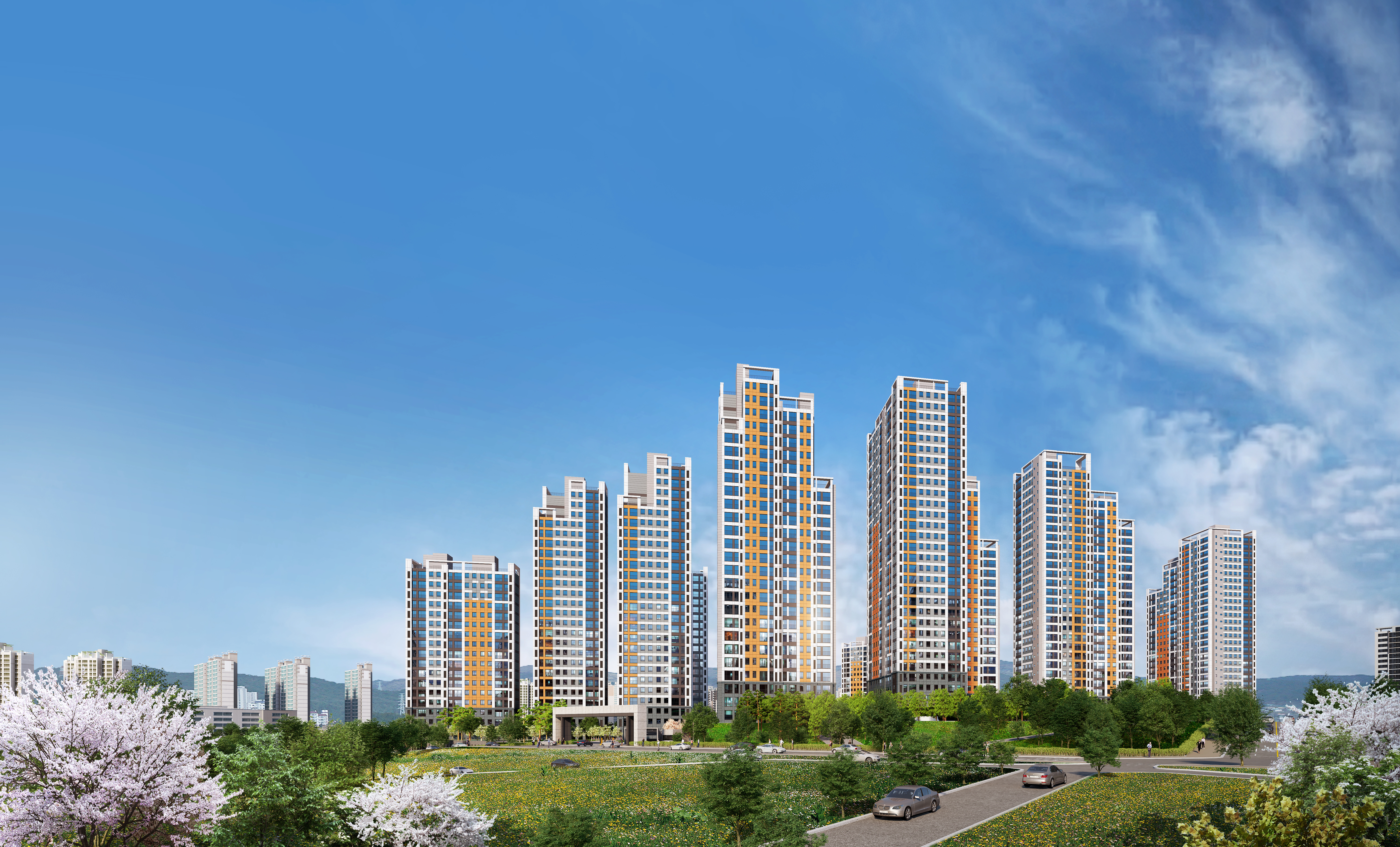 부산동 일대에 조성되는 1606세대 규모 주거단지 조감도와 전체 개발 계획 이미지